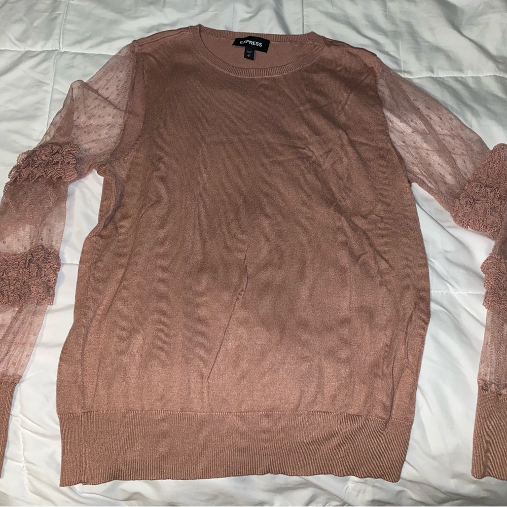 Express Mauve Pink Ruffle Polka Dot Sheer Sleeve Top, Small, NWOT